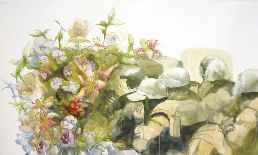 soldiers pushing into a forest of flowers, “They will be greeted by flowers…”, watercolor on Arches Watercolor Paper, 4 foot x 5 foot and 5 inches, 2011