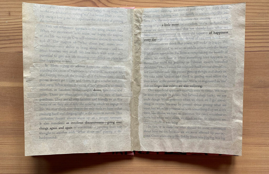 open book showing a page where type is pasted over leaving only a few words to be readable, Untitled artist’s book, 2020, Artist’s book, single section case binding structure, pages are made with archival Okawara paper, woodblock prints on endsheets and spread on Kitakata paper