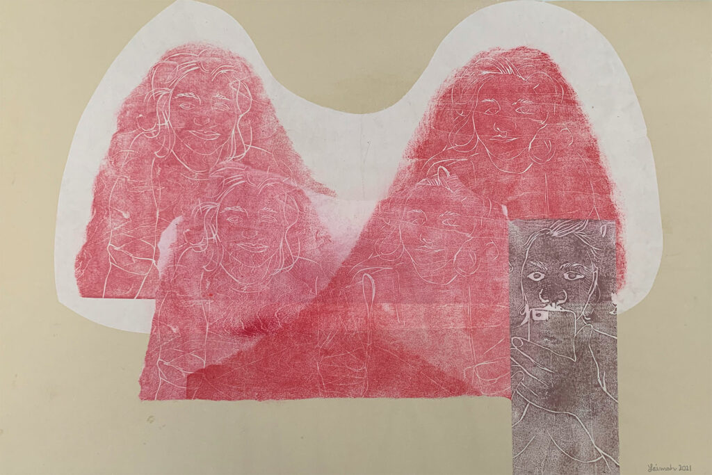 a person looking forward with her eyes and a mobile phone (brown color), four figures behind her sitting and looking forward too (pink color), Untitled from Gaze Series, Woodblock print, 20 x 30 inches, 2021