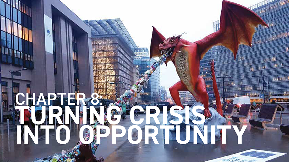 GAIA Discarded Report, Chapter 8, Turning Crisis Into Opportunity, picture of a dragon spitting garbage in the middle of a city