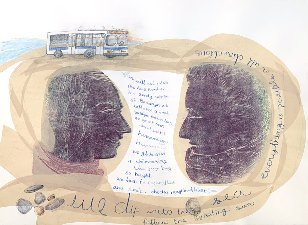 profile of two people looking at one another, a poem is hand-drawn in the middle