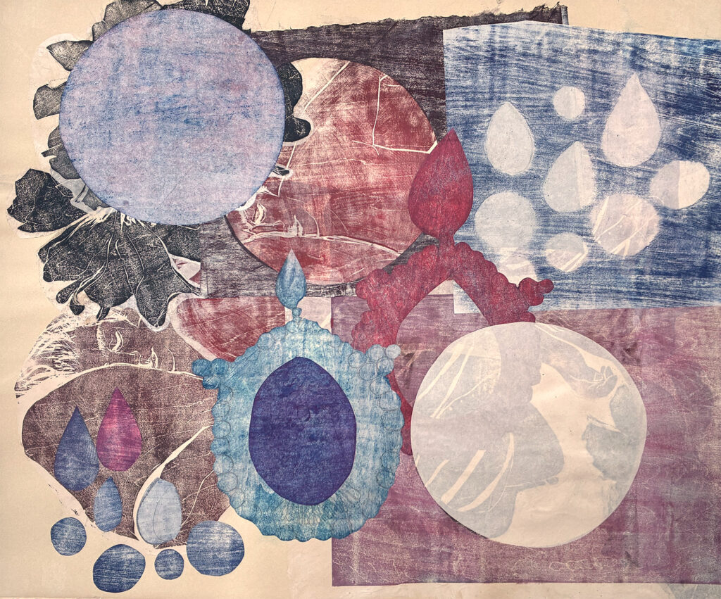 round moon and pebble shapes float over two figures sleeping in the background, with muted colors like during a solar eclipse