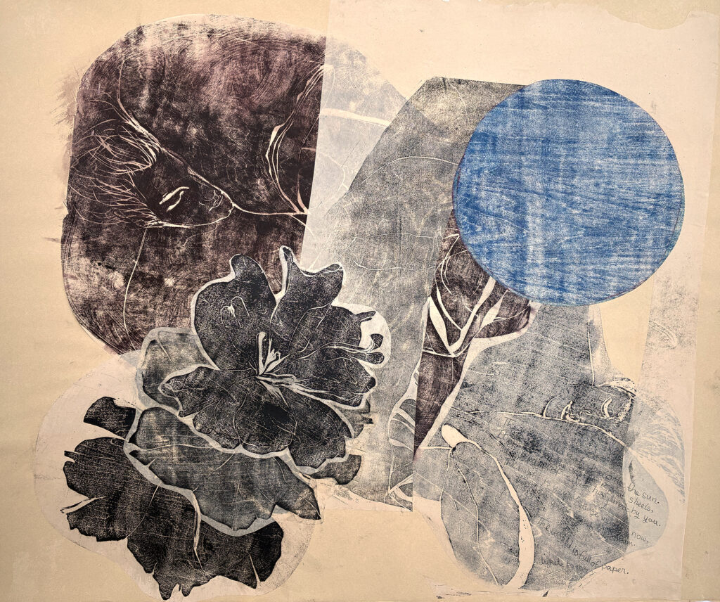 round blue moon, black flowers, two figures sleeping, and a handwritten poem titled Stationery, by Agha Shahid Ali: The moon did not become the sun. It just fell on the desert in great sheets, reams of silver handmade by you. The night is your cottage industry now, the day is your brisk emporium. The world is full of paper. Write to me.